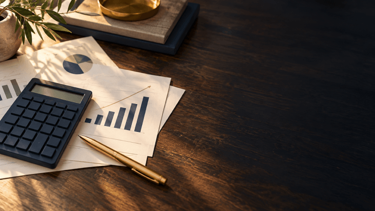 Calculatrice, graphiques et stylo doré pour l’étude du budget d’un investissement locatif
