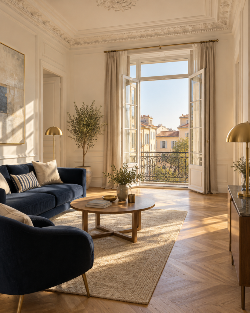 Appartement ancien rénové et meublé, lumineux, avec parquet clair et grande fenêtre, prêt à accueillir un locataire