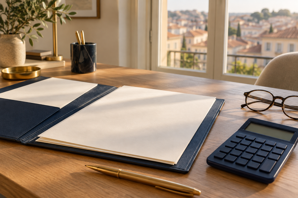 Bureau avec dossier, calculatrice et lunettes pour préparer la fiscalité d’un investissement locatif