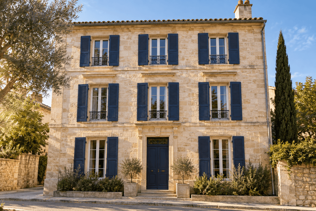 Façade d’un immeuble ancien rénové en pierre claire aux volets bleu marine, dans une rue ensoleillée du Sud de la France