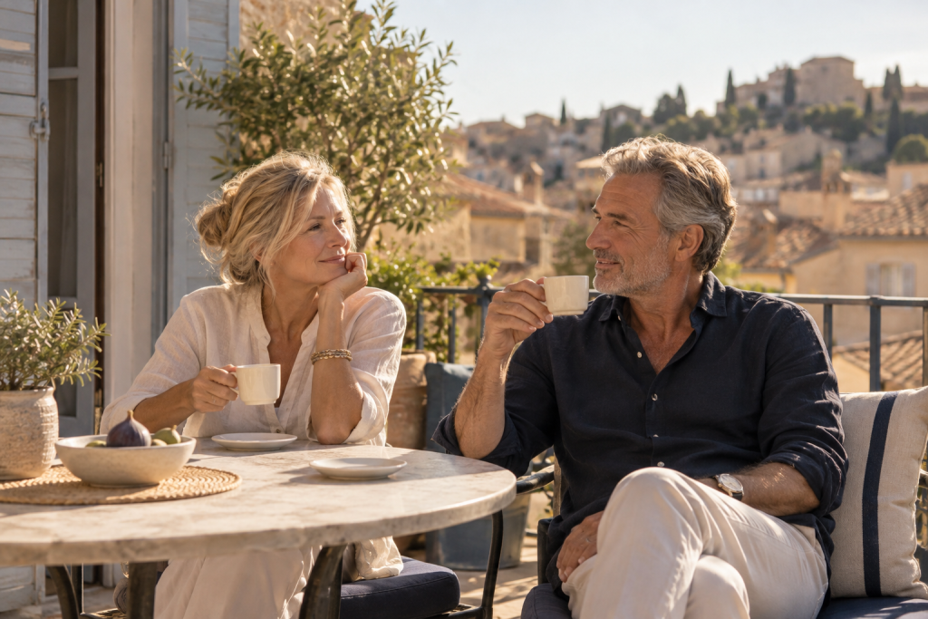 Couple de retraités prenant un café sur la terrasse d’un appartement rénové avec vue sur les toits du Sud de la France