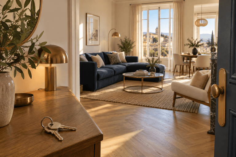 Salon d’un appartement meublé et rénové prêt à louer, avec un trousseau de clés posé sur la console de l’entrée